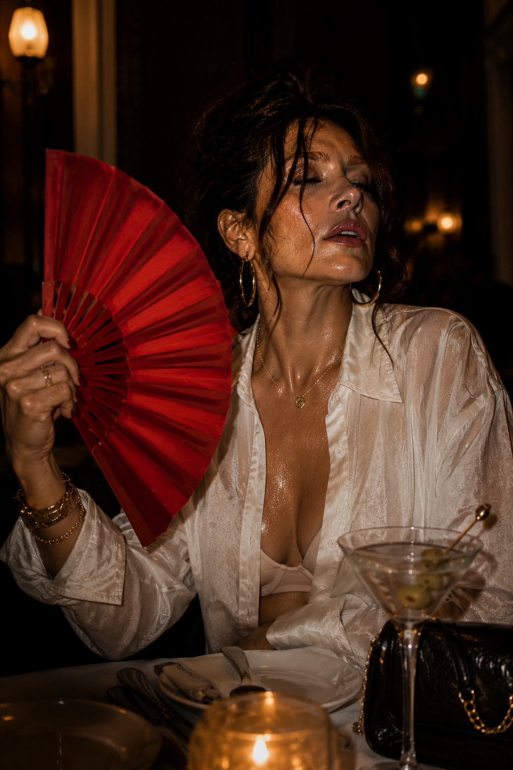 Woman with a red fan cooling herself at a candlelit table